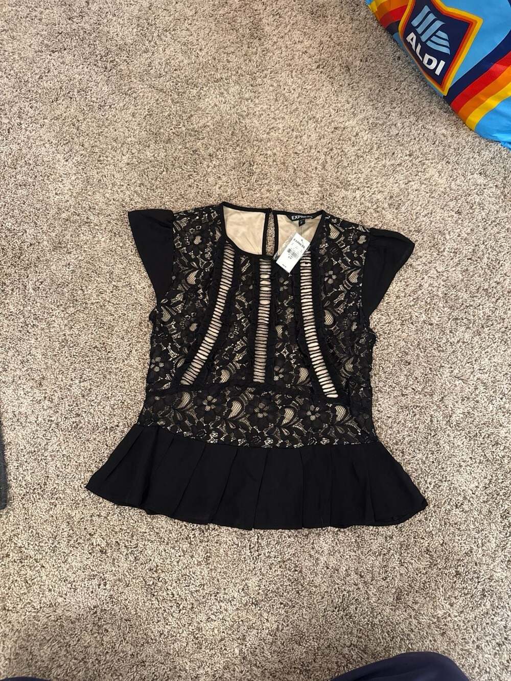 Express Black Lace Peplum Sleeveless Blouse with Ladder Trim